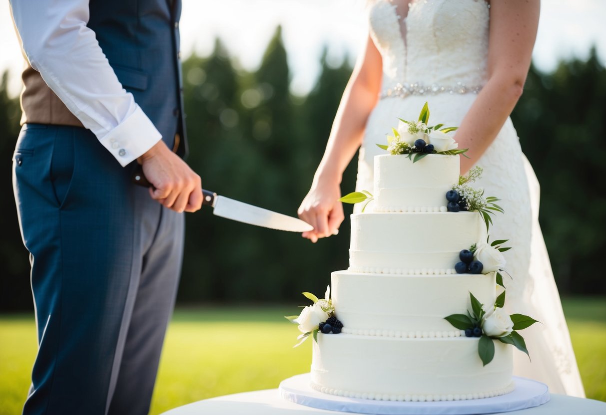 A couple stands together, facing a tiered wedding cake. Both hold a knife, ready to cut into the cake side by side