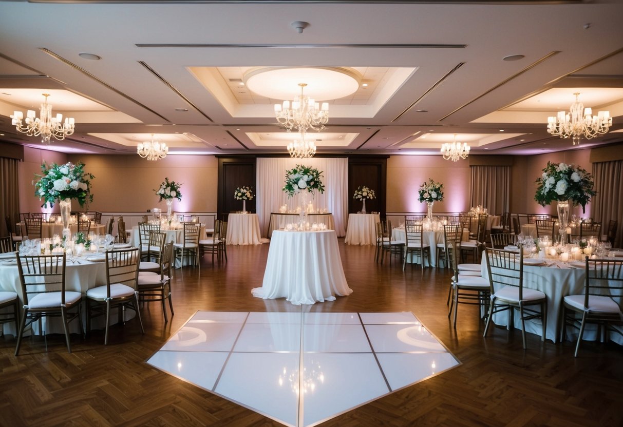 A beautifully decorated wedding reception venue with tables, chairs, and a dance floor, with soft lighting and elegant decor, set for a 3.5-hour celebration