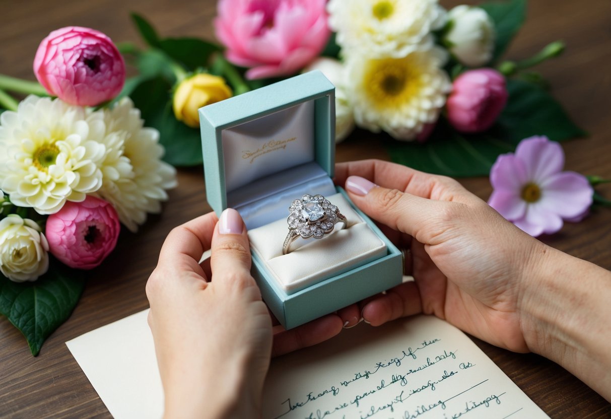A pair of hands holding a delicate jewelry box, surrounded by flowers and a handwritten note