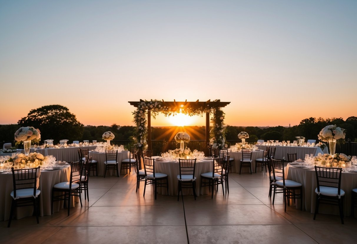 The sun sets over a picturesque outdoor wedding reception, with tables adorned in elegant decor and a dance floor ready for guests to celebrate