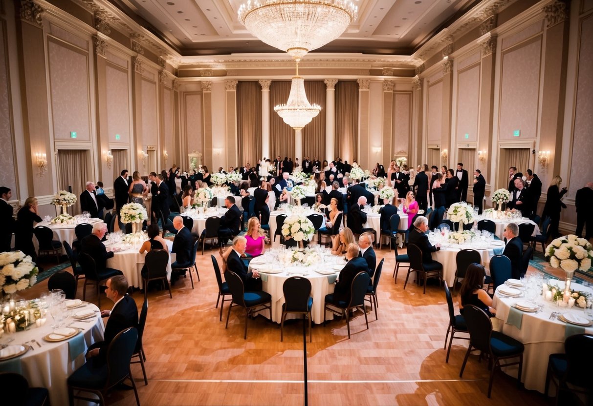 A grand ballroom with elegant decor and a spacious dance floor. Tables set with fine linens and floral centerpieces. Guests mingling and enjoying the festivities