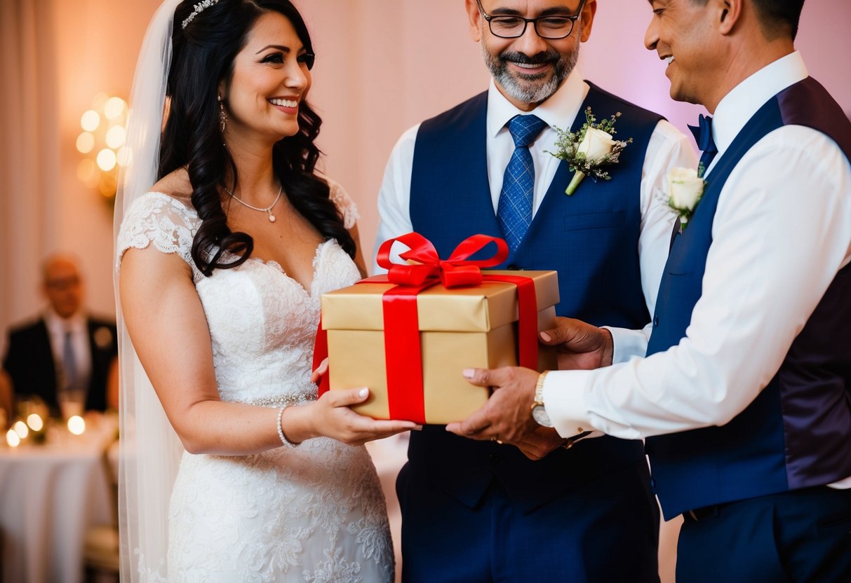 Parents presenting a beautifully wrapped gift box to their daughter at her wedding reception