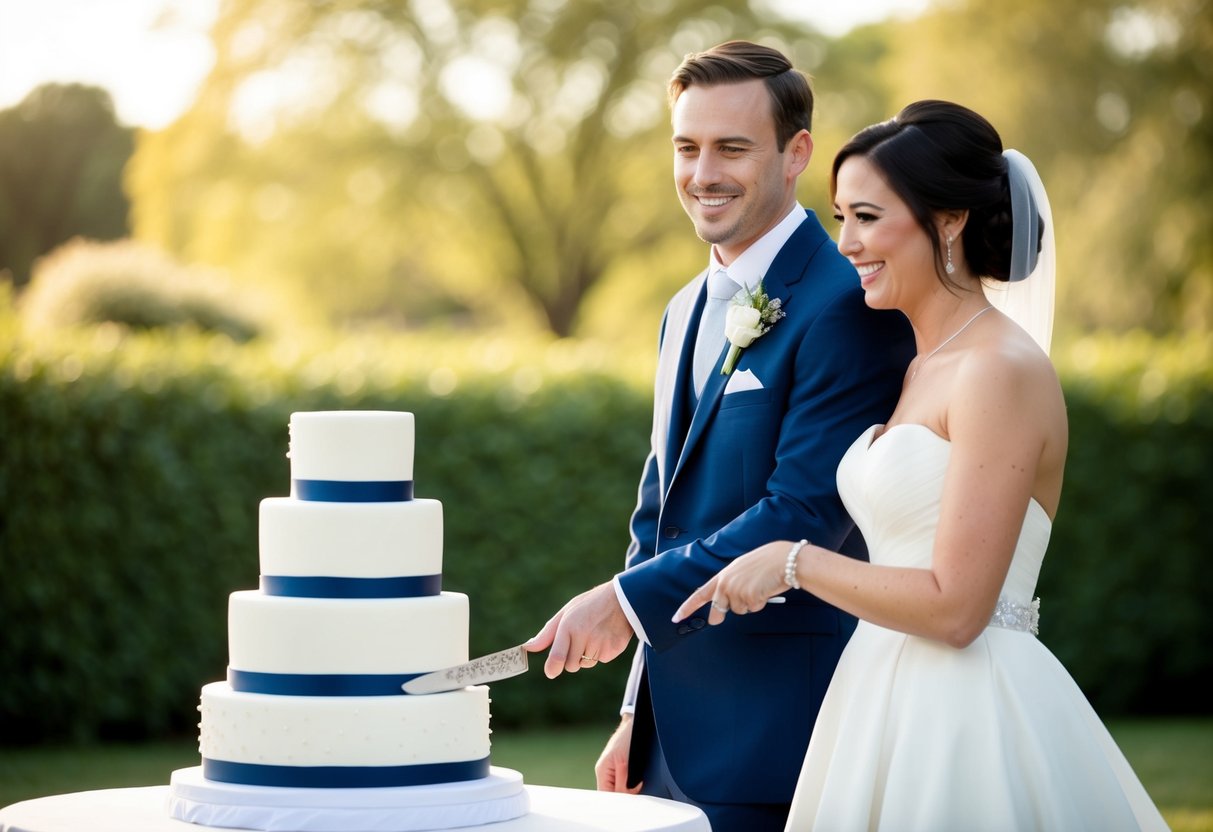 A newlywed couple standing side by side, smiling, and cutting into a tiered wedding cake together with a decorative knife