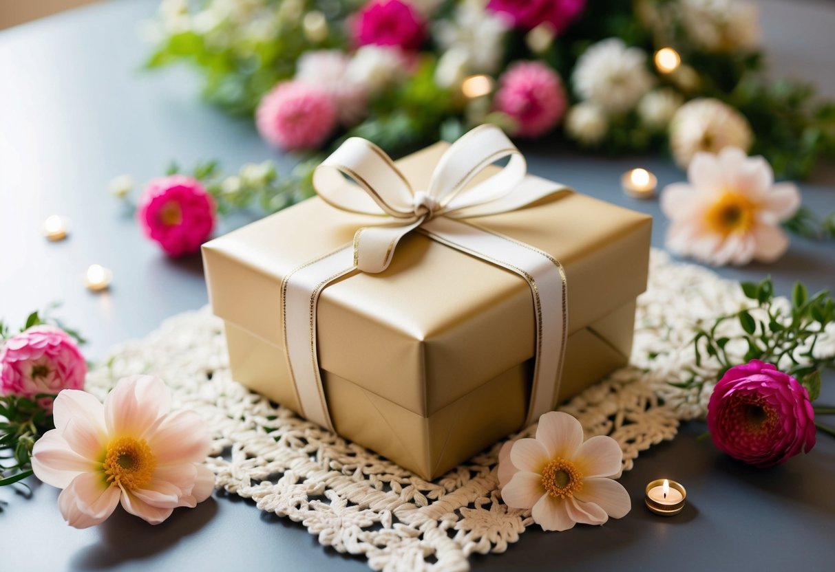 A beautifully wrapped gift box sits on a table, adorned with a delicate bow and surrounded by floral decorations