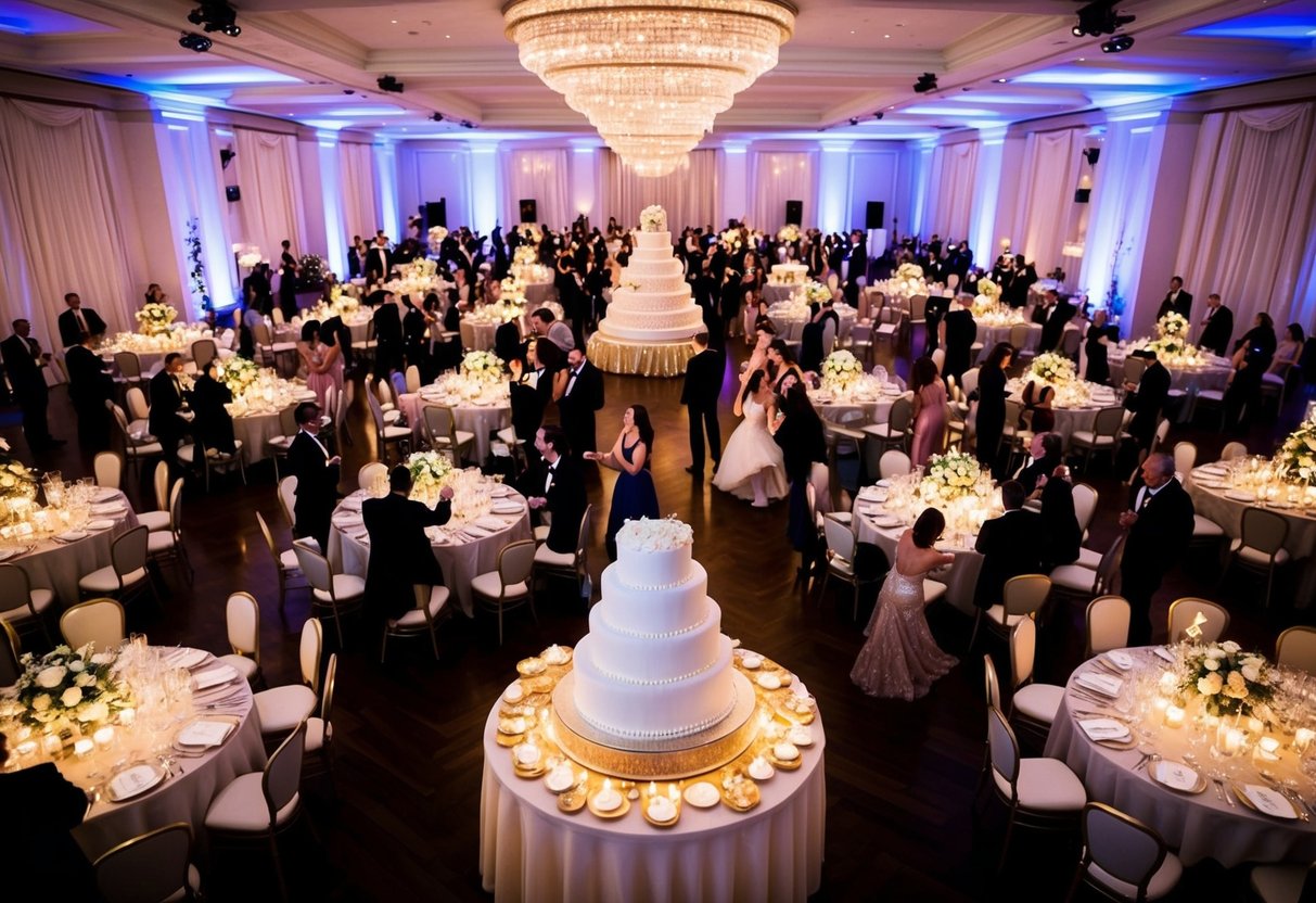 A grand ballroom filled with elegant tables, twinkling lights, and a lavish cake display. Guests mingle and dance, creating a lively and celebratory atmosphere