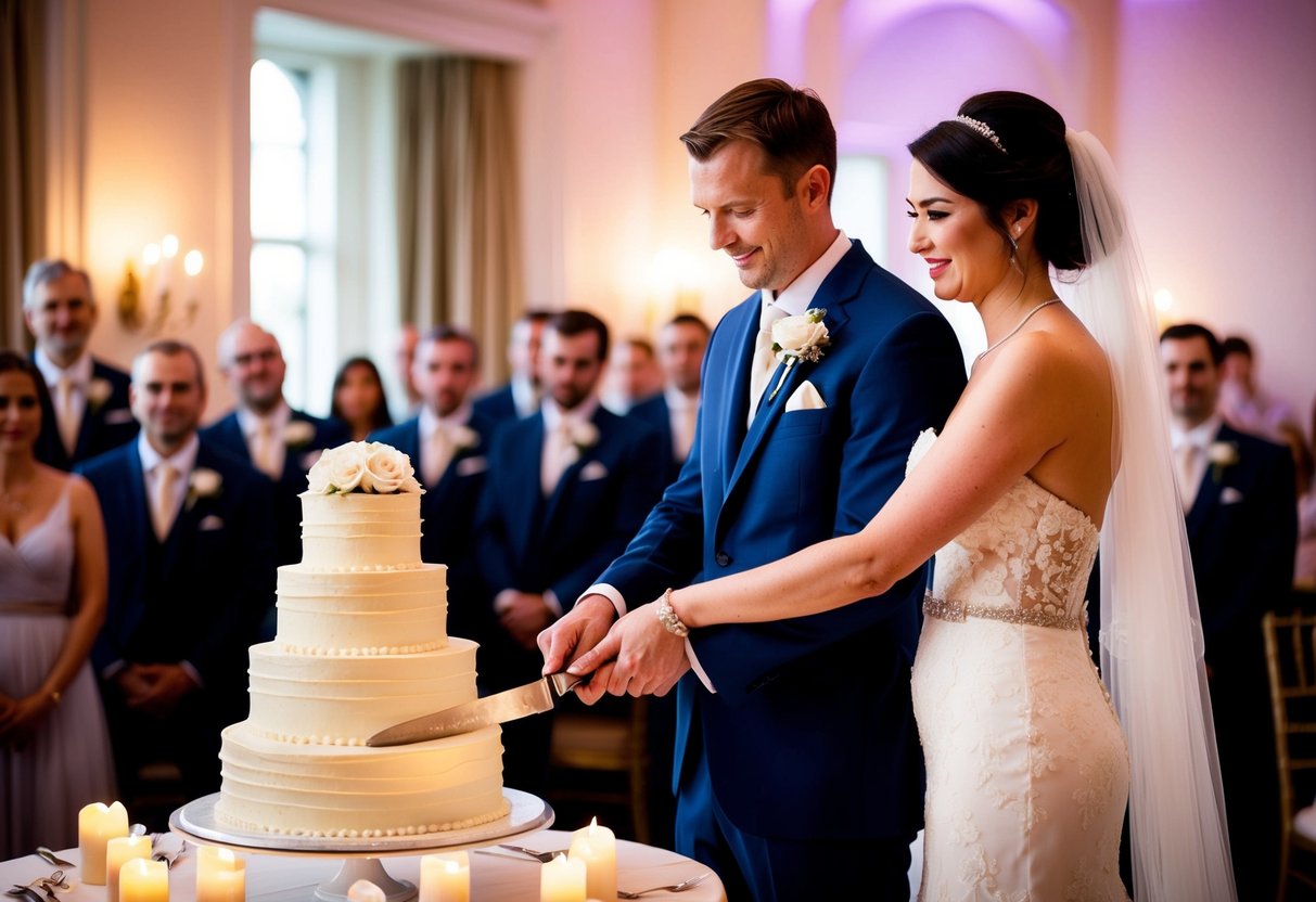 A bride and groom stand side by side, hands clasped, as they cut into a multi-tiered wedding cake. The room is filled with the soft glow of candlelight and the sound of gentle music