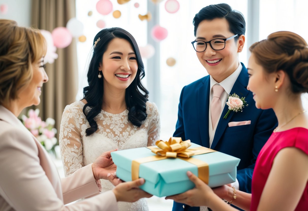 Parents presenting a beautifully wrapped gift to their daughter at a wedding celebration