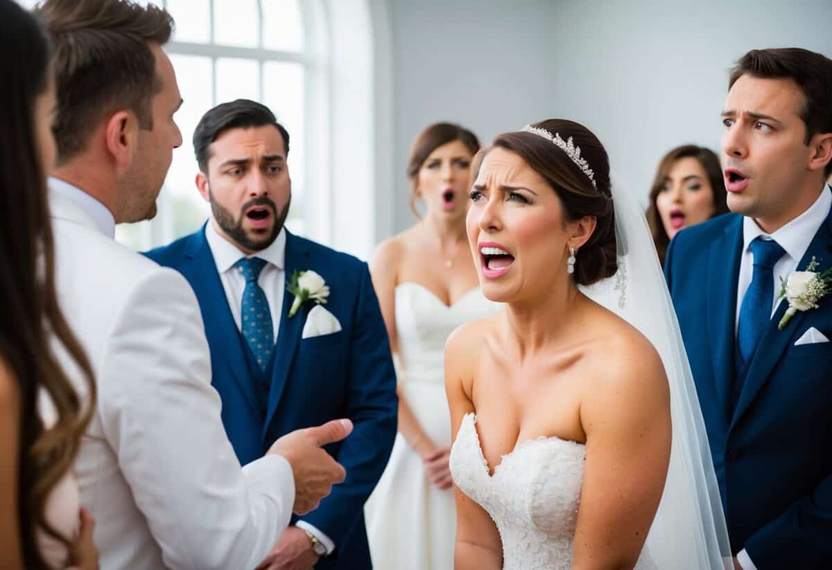 A bride with a pained expression as a guest makes an inappropriate comment, while others look on in shock and disapproval