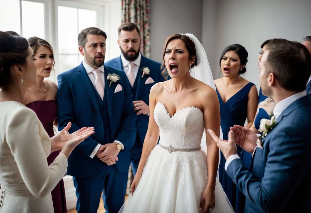 A bride standing in her wedding dress, surrounded by friends and family, with a pained expression on her face as someone speaks hurtful words to her