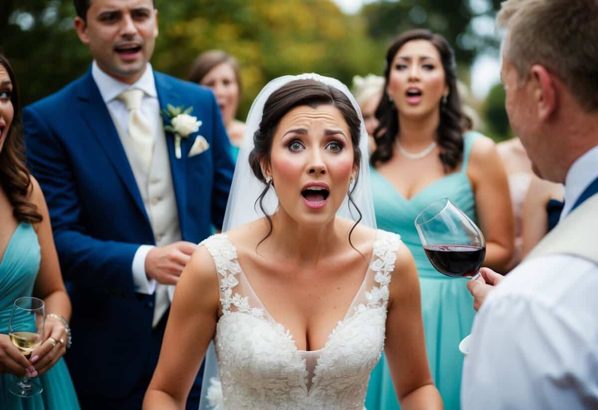 A wedding guest accidentally spills wine on the bride's dress, causing a look of shock and dismay on her face