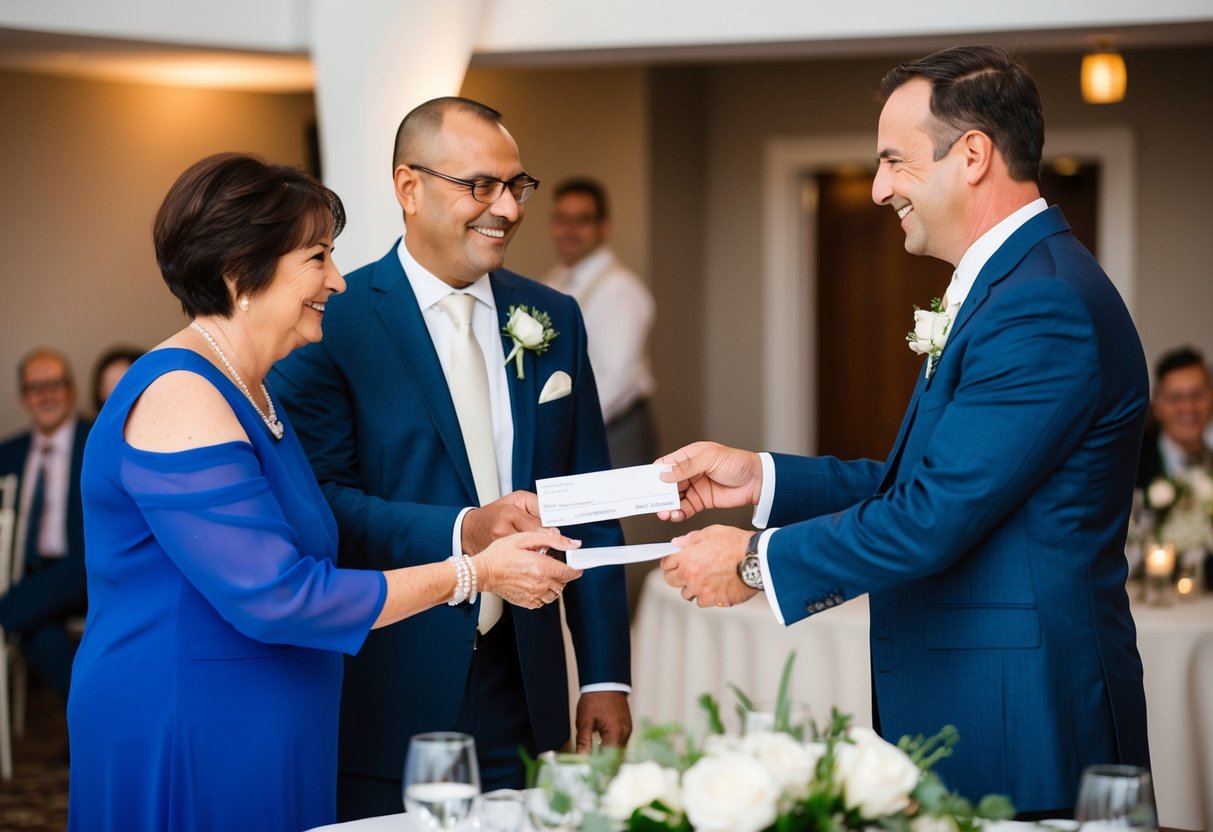 The groom's parents hand over a check to the reception venue manager. The manager smiles and shakes their hand in gratitude