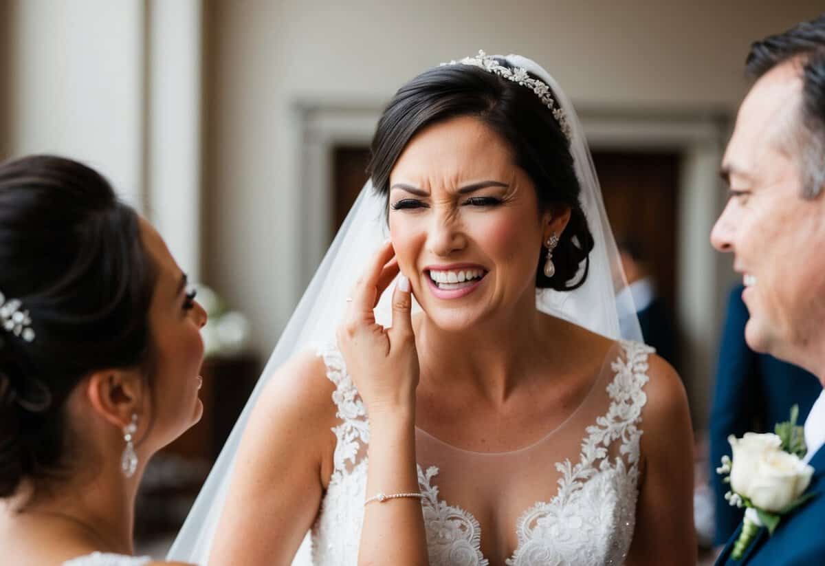 A bride with a strained expression as someone speaks in her ear
