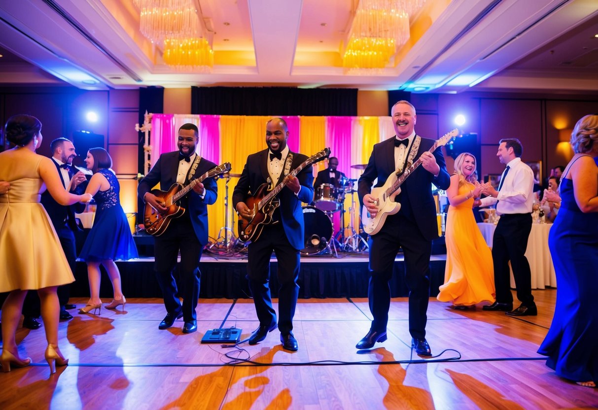 A live band performs upbeat music on a stage, surrounded by dancing guests and colorful decorations at a lively wedding reception