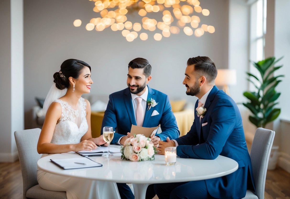 A couple sits at a table with a wedding planner, discussing budget and logistics for the reception
