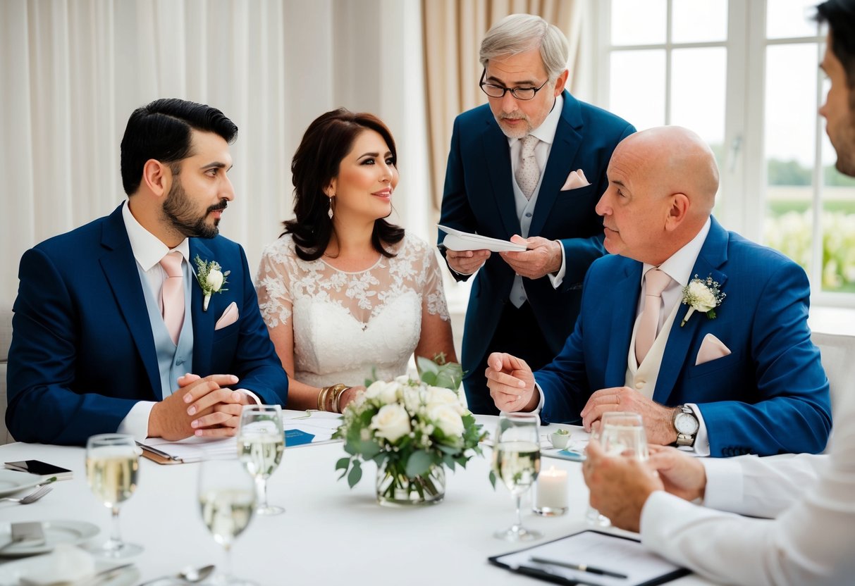 The groom's parents discussing wedding reception costs with a wedding planner