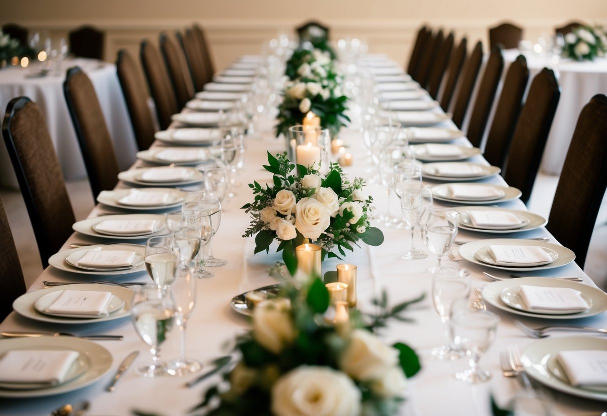 A long banquet table with an assortment of elegant dishes and cutlery set for a wedding celebration