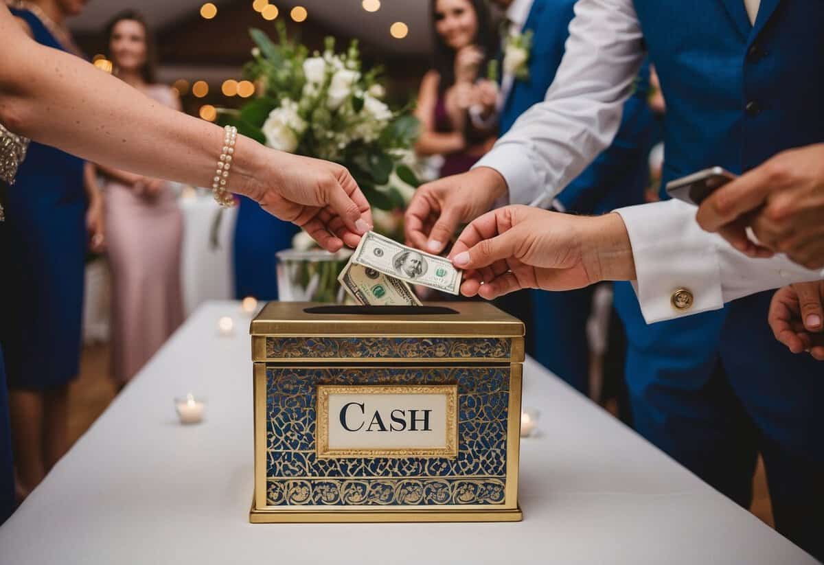 Guests placing cash in a decorative box at a wedding reception