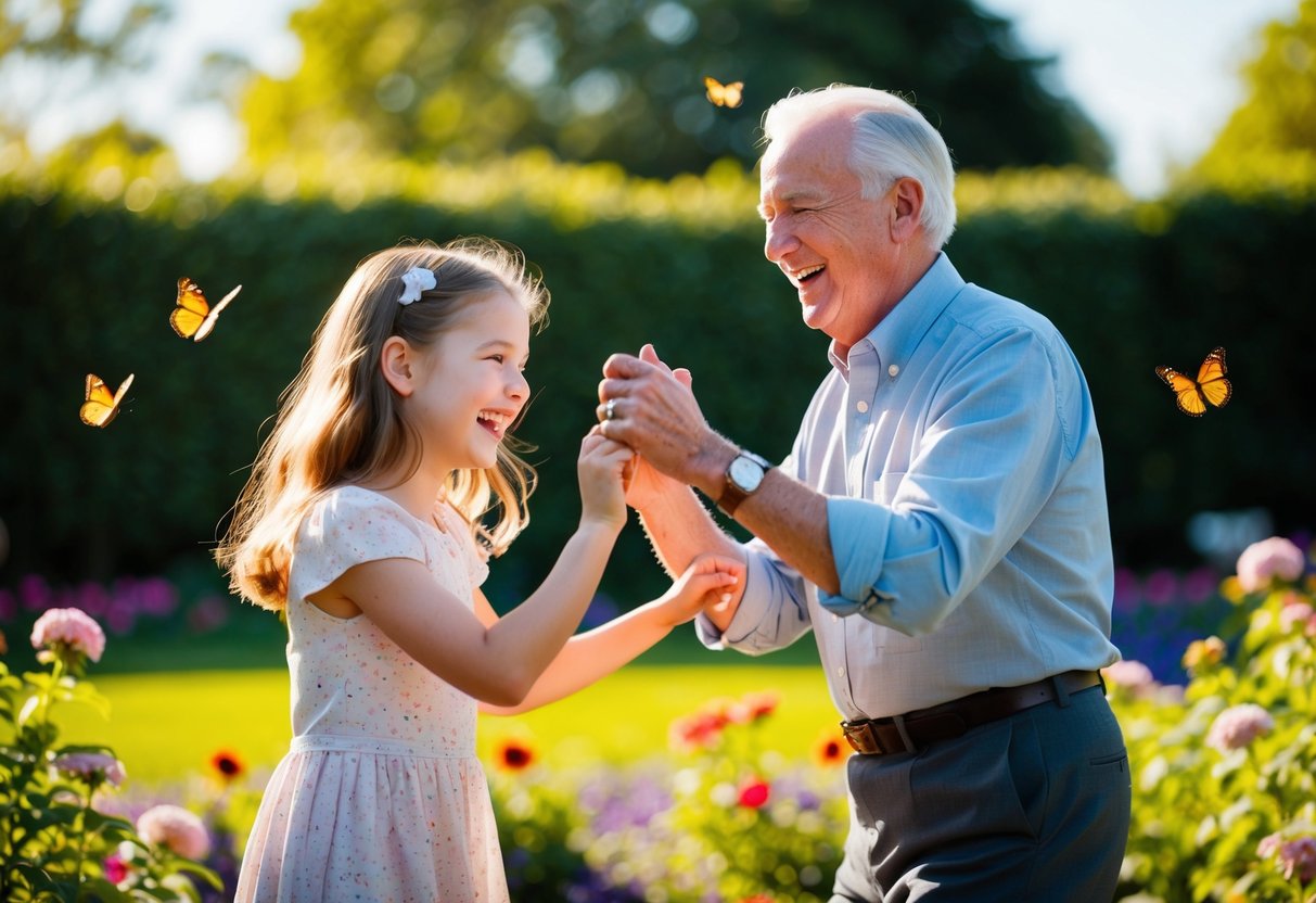 A young girl and an older man laugh and dance together in a sunlit garden, surrounded by blooming flowers and butterflies