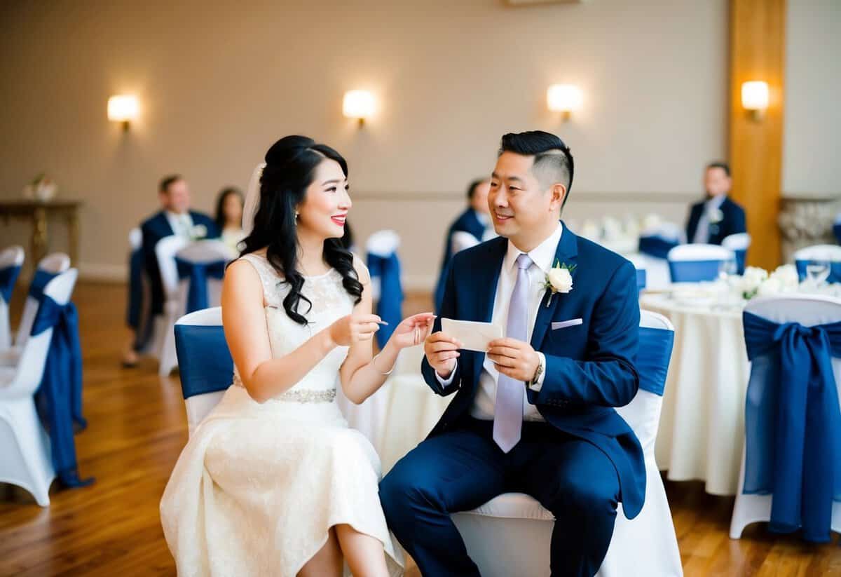 A couple seated at a table, one holding an envelope, the other looking expectantly. Tables and chairs arranged in a reception hall