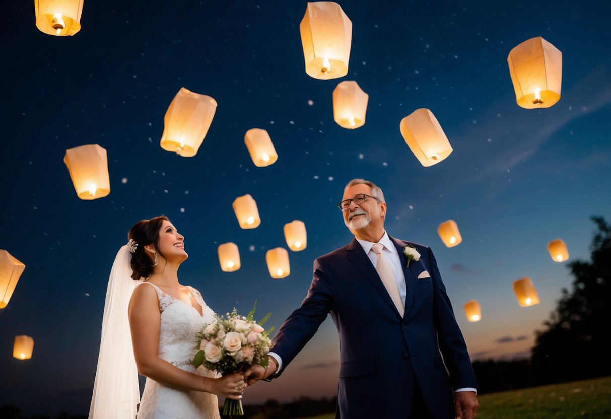 A bride and her father release paper lanterns into the night sky