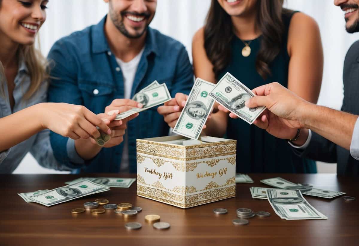 A group of friends pooling money for a wedding gift, placing bills and coins into a decorative box or envelope
