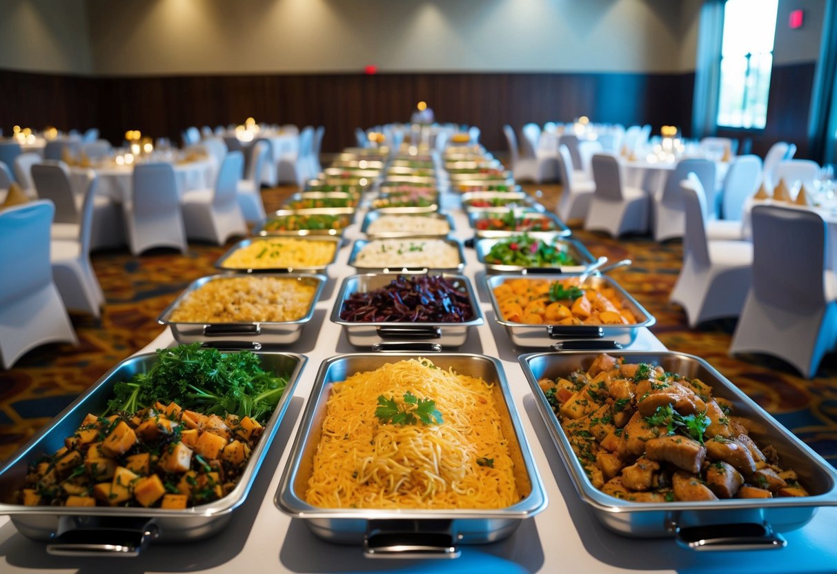 A large banquet hall with 10 trays of food, each filled with a variety of dishes, set up for 100 guests