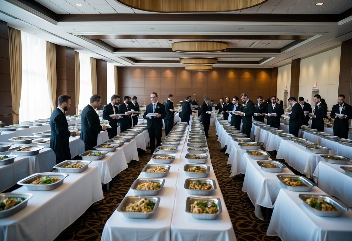 A banquet hall with rows of empty tables, each set with multiple trays of food, as servers and event staff discuss and plan for 100 guests