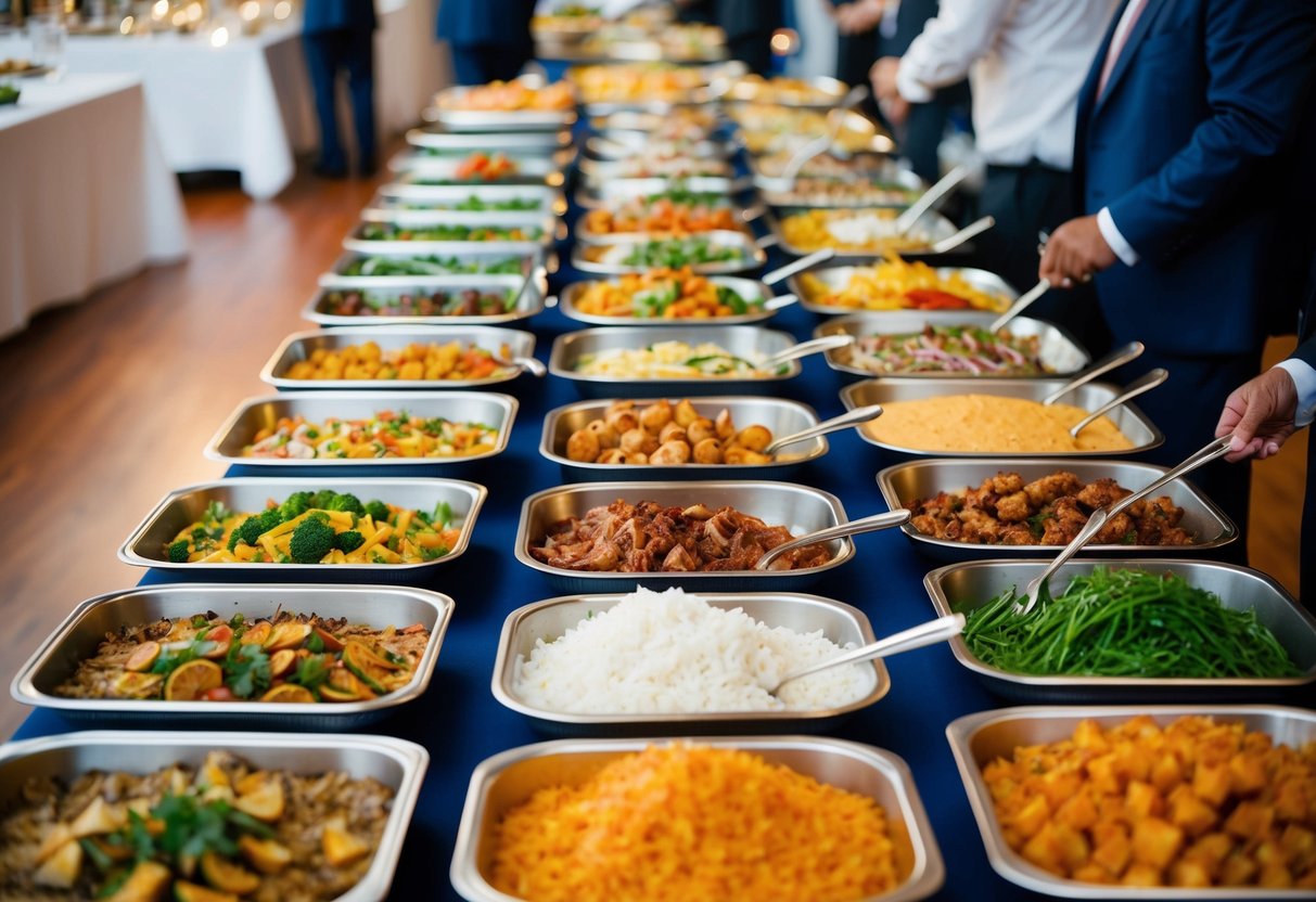 Multiple trays of various dishes arranged on a long buffet table for 100 guests