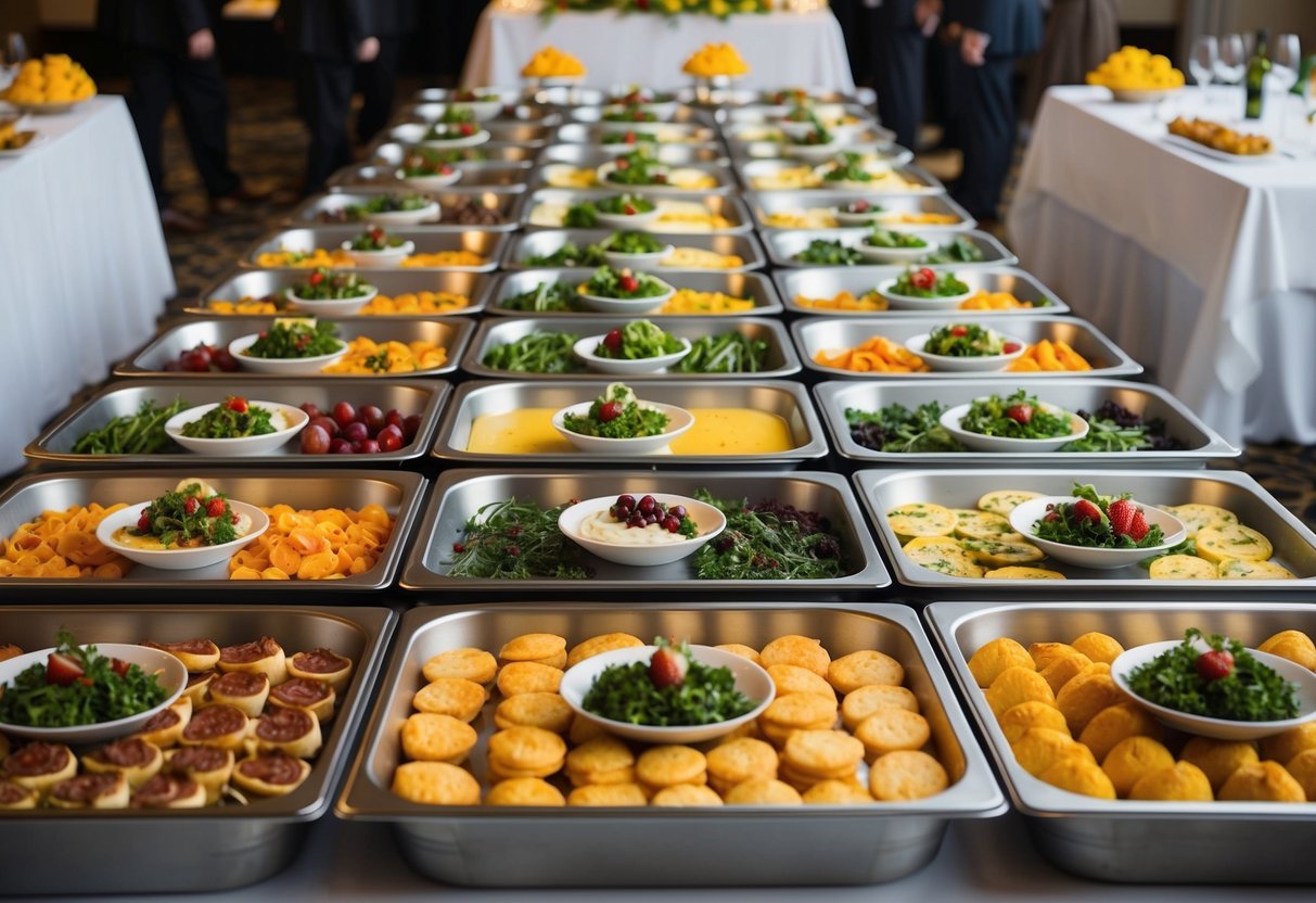 A large banquet table with multiple trays of food laid out for 100 guests. Each tray is neatly arranged with an assortment of appetizers, entrees, and desserts