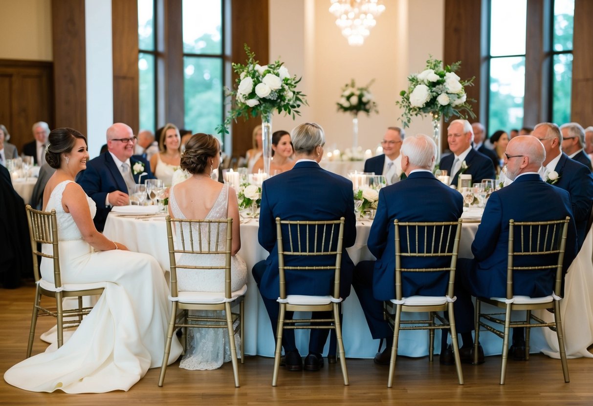 The bride's family sits on the left side of the reception hall, facing the newlyweds' table