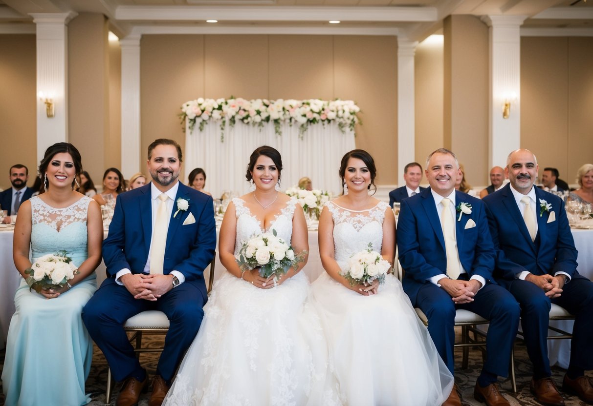The bride's family sits on the left side of the reception hall, while the groom's family sits on the right