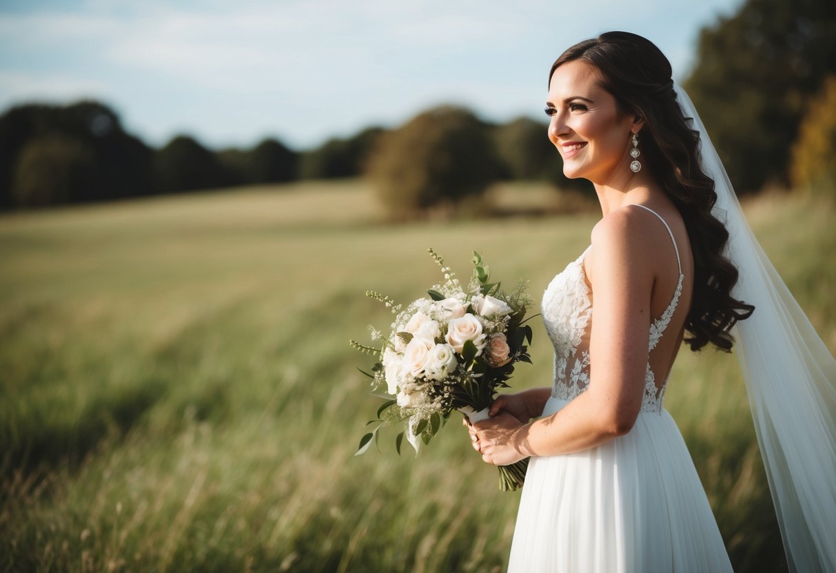 A woman in a flowing dress stands beside the bride, holding a bouquet and smiling
