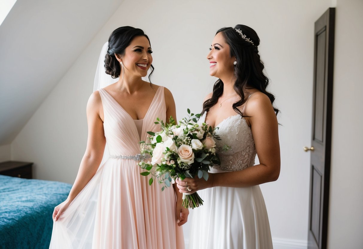 A woman in a flowing gown stands beside a bride, holding a bouquet and smiling as she watches the bride prepare for her wedding