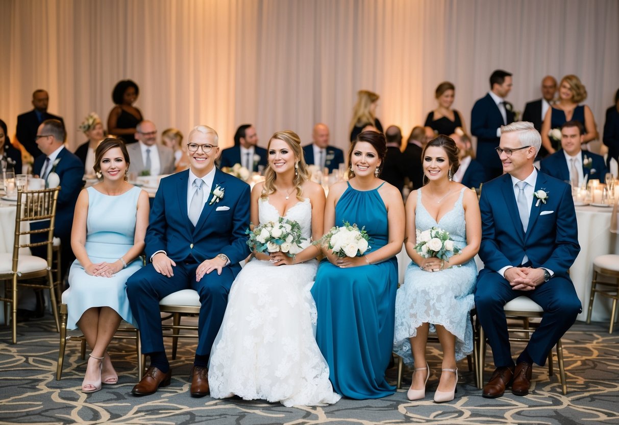 The bride's family sits on the left side of the reception seating, with event professionals ensuring proper placement and organization