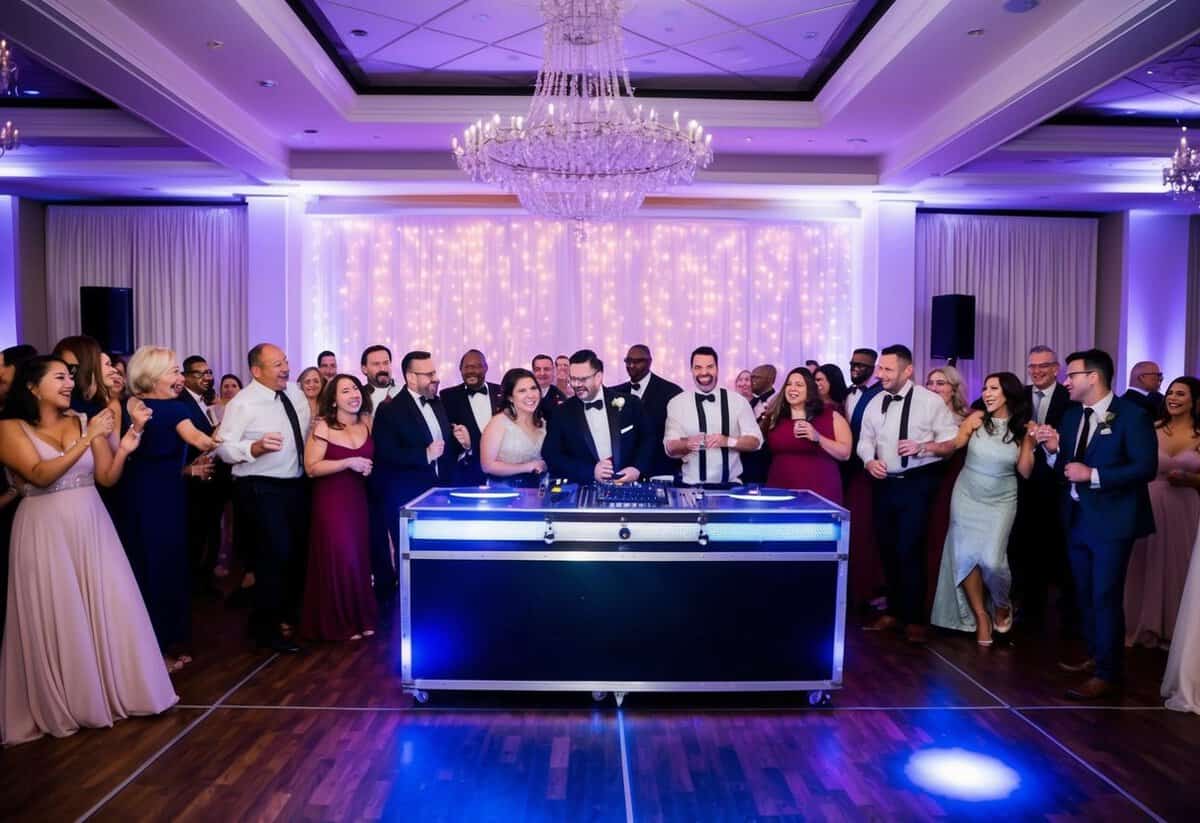 A lively reception with a dance floor, twinkling lights, and a DJ booth surrounded by happy guests