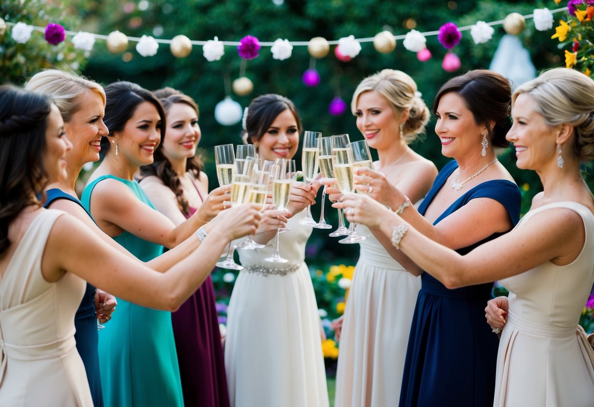 A group of women in elegant dresses clinking champagne glasses in a garden setting, surrounded by colorful flowers and festive decorations