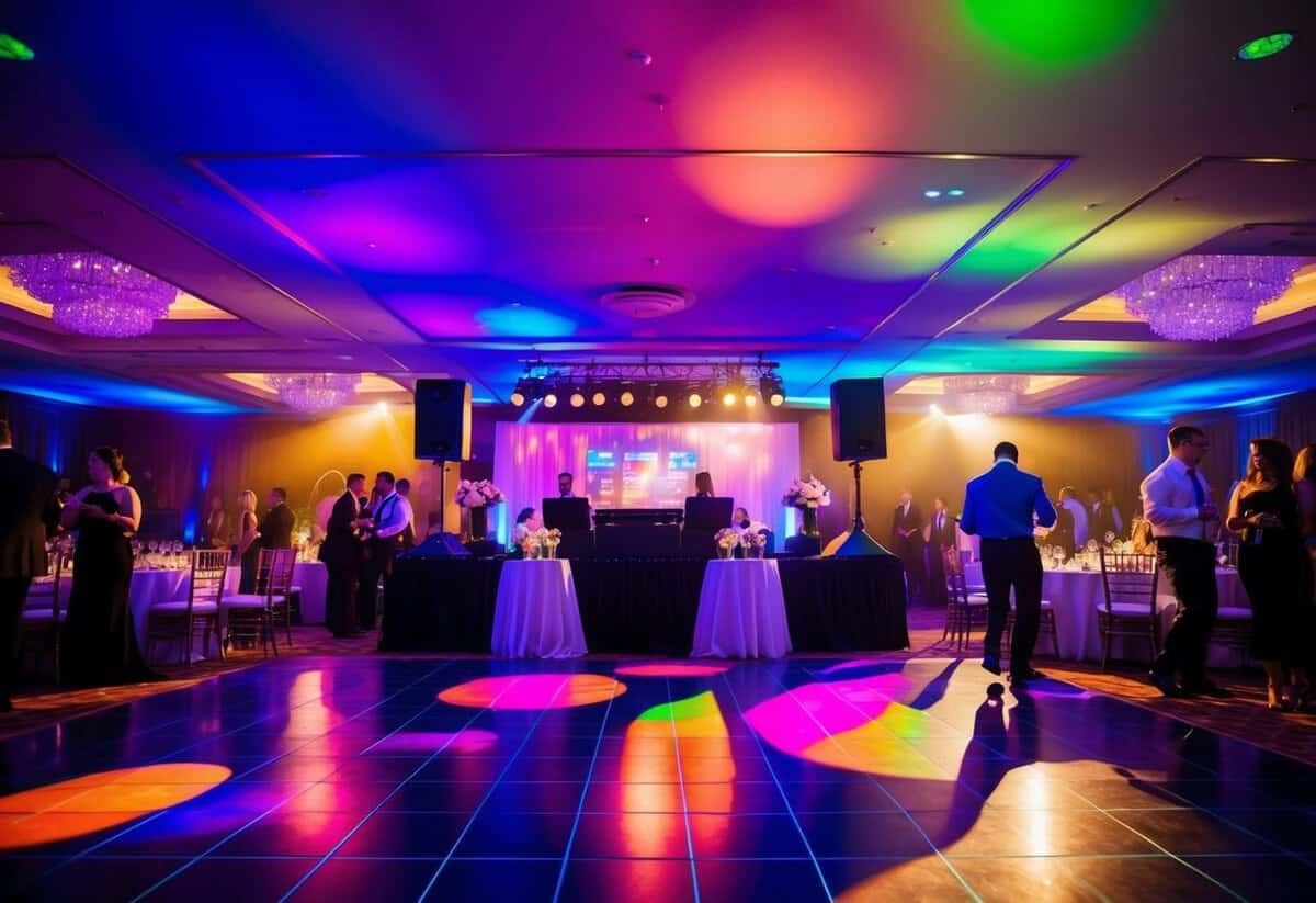 A lively dance floor with colorful lights and a DJ booth playing popular songs. Tables adorned with centerpieces and guests mingling with drinks in hand