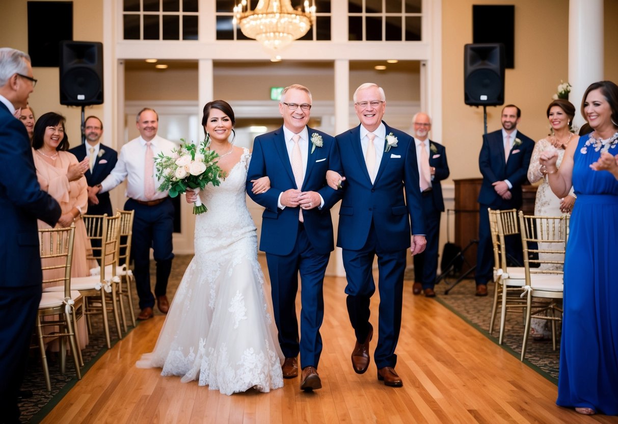The parents of the bride walk into the reception hall as the music plays, creating a joyful and celebratory atmosphere