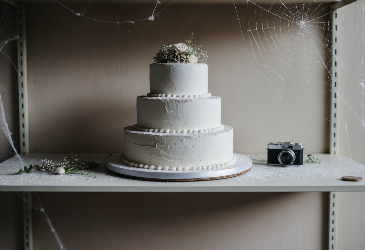 A wedding cake covered in dust sits on a forgotten shelf, surrounded by cobwebs and fading memories
