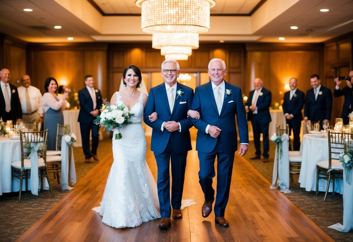 The bride's parents walk into the reception hall as a sentimental song plays, surrounded by warm lighting and the joyful atmosphere of the celebration