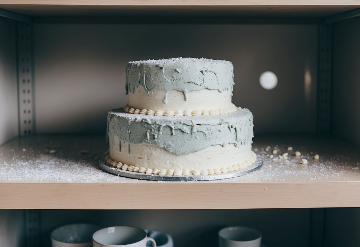 A wedding cake covered in mold and sitting on a dusty shelf for two years