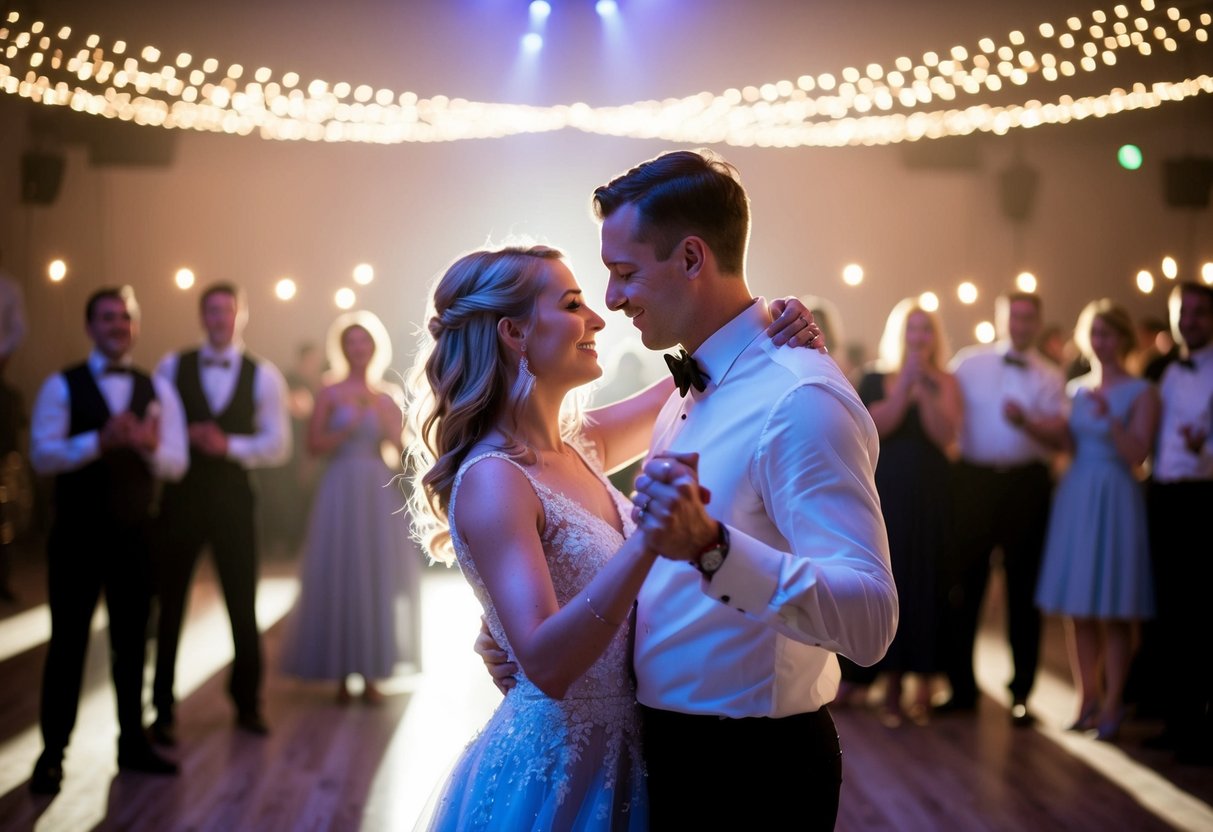 A couple dances under a spotlight, surrounded by twinkling lights and soft music