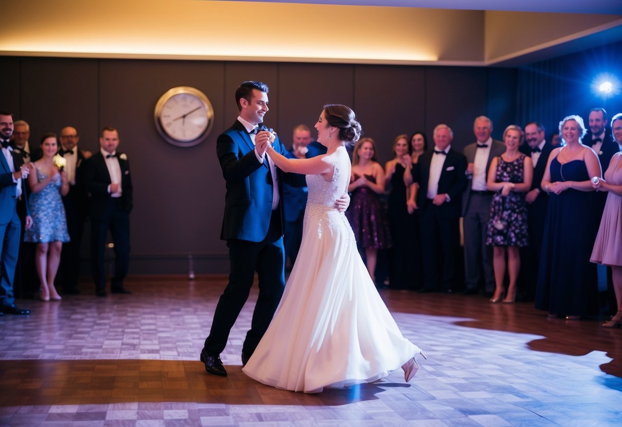 A couple dances on a dimly lit floor, surrounded by onlookers. A clock on the wall shows the time passing as they move gracefully