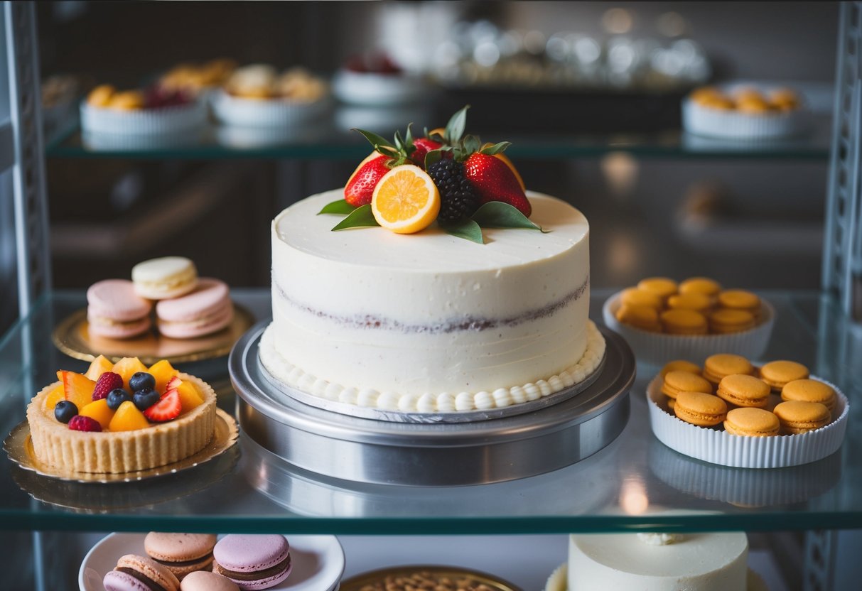 A wedding cake sits in a sealed container on a shelf, surrounded by alternative dessert options such as fruit tarts and macarons