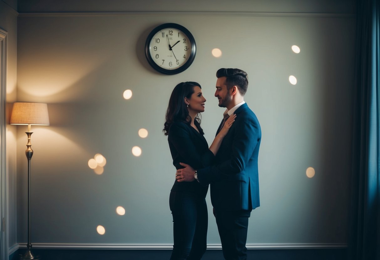 A couple stands in a dimly lit room, swaying to music. A clock on the wall shows 4 minutes. They look uncertain