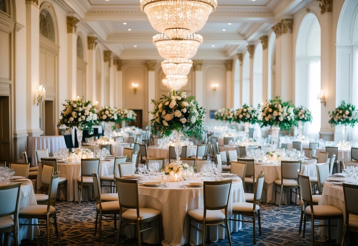 A grand banquet hall filled with elegant tables and chairs, adorned with elaborate floral centerpieces and sparkling chandeliers