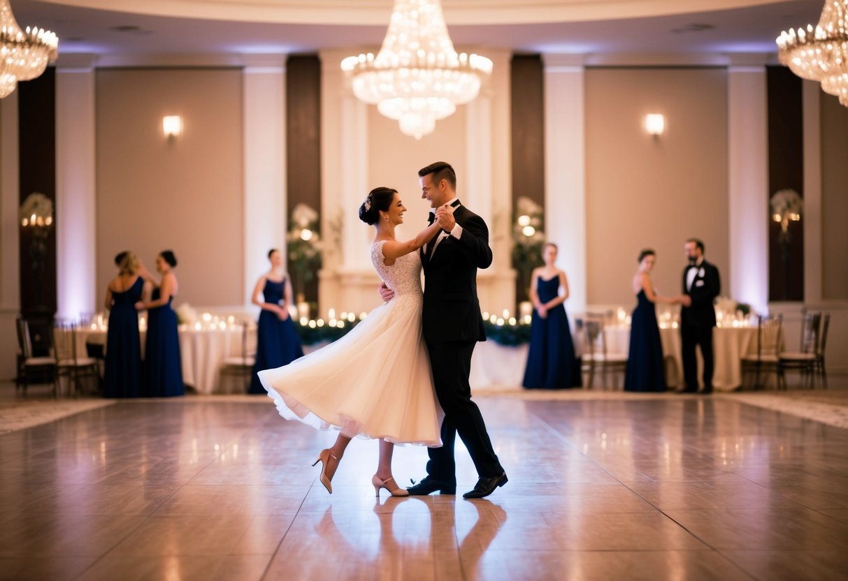 A couple dances on a spacious ballroom floor, surrounded by elegant decor and soft lighting. Their movements are graceful and synchronized, exuding a sense of romance and sophistication