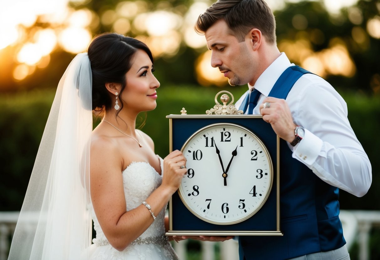 A couple measures the length of their first dance on a clock, with a worried expression
