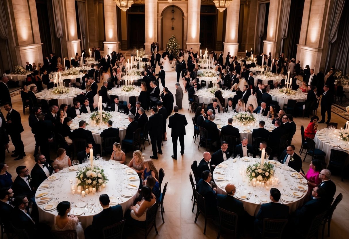 A grand banquet hall with two ornate tables set for a wedding reception. One table is overflowing with guests, while the other is noticeably less crowded