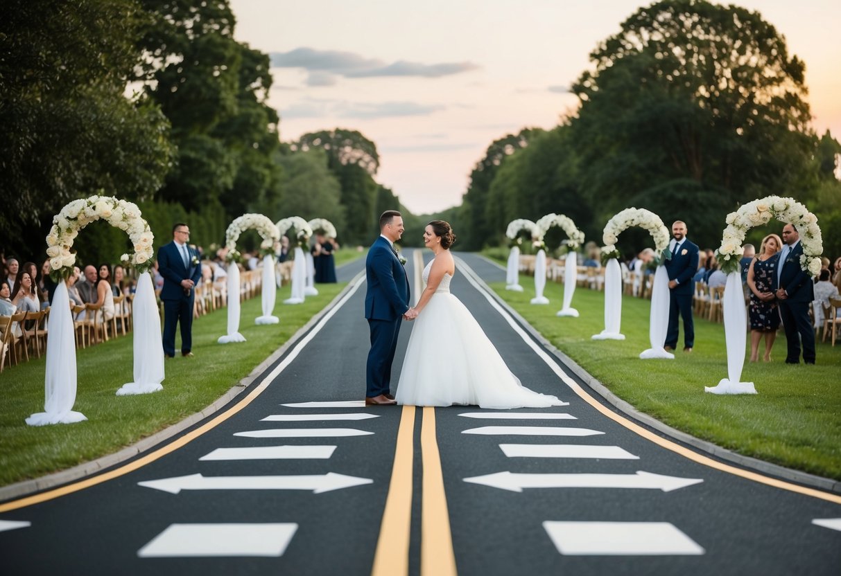 A couple stands at a crossroads, with two paths diverging. One path is lined with elegant decorations and a large guest list, while the other is simpler with a smaller guest list